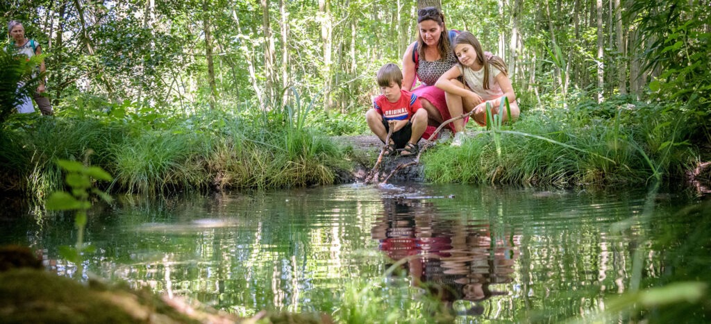 Moeder met kinderen aan de rand van een poel